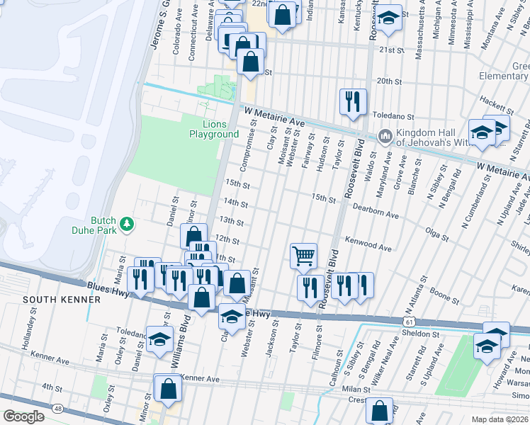 map of restaurants, bars, coffee shops, grocery stores, and more near 1401 Moisant Street in Kenner