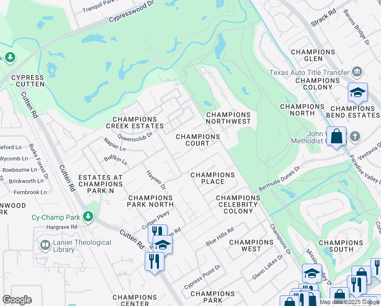 map of restaurants, bars, coffee shops, grocery stores, and more near 14135 Champions Drive in Houston