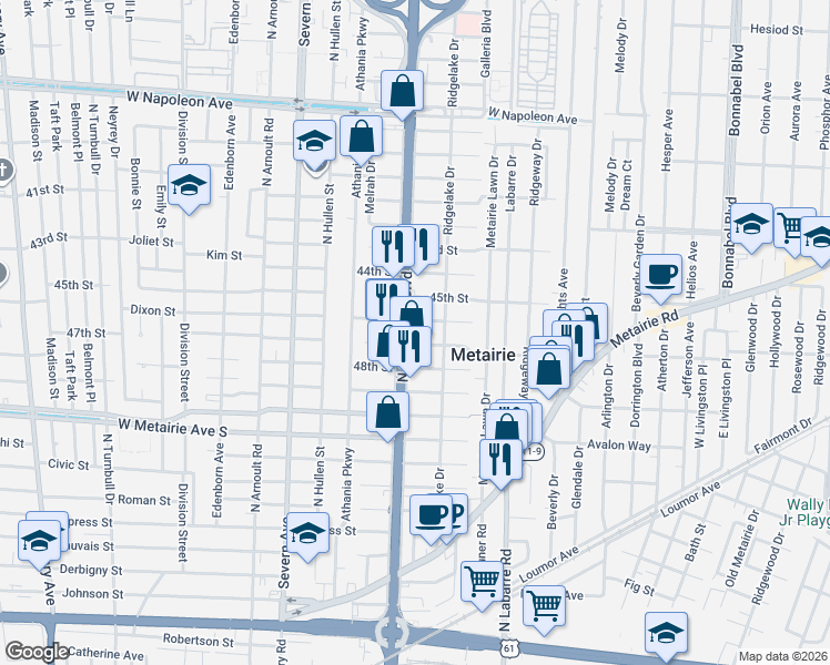 map of restaurants, bars, coffee shops, grocery stores, and more near 3210A 46th Street in Metairie