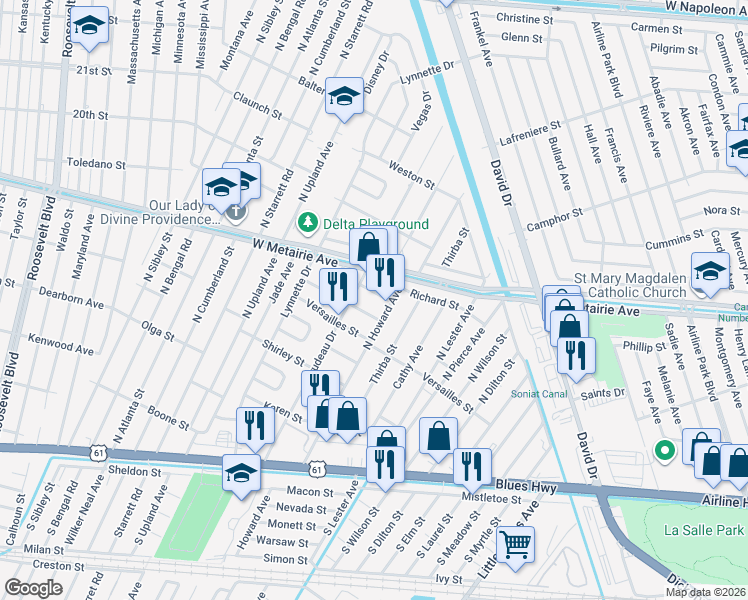 map of restaurants, bars, coffee shops, grocery stores, and more near 8014 Cortez Street in Metairie