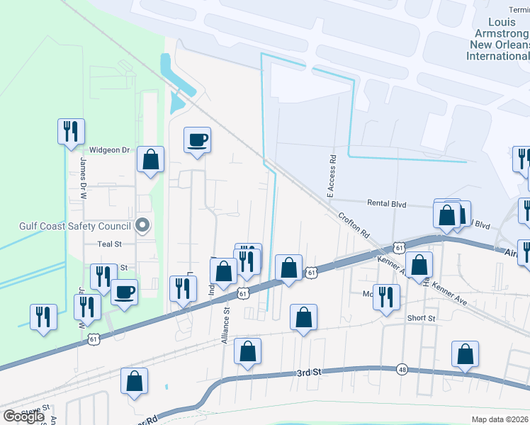 map of restaurants, bars, coffee shops, grocery stores, and more near Minden Avenue in Kenner