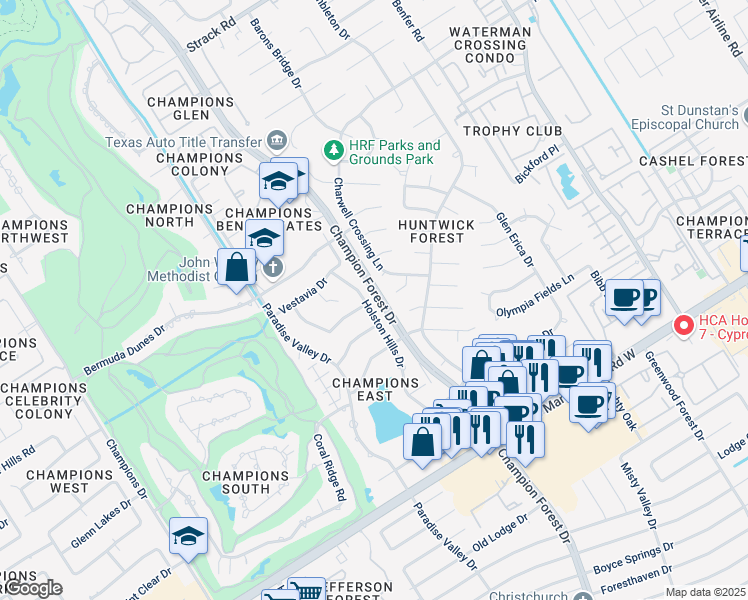 map of restaurants, bars, coffee shops, grocery stores, and more near 13330 Holston Hills Drive in Houston