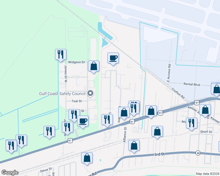 map of restaurants, bars, coffee shops, grocery stores, and more near 1055 Lesan Drive in Kenner