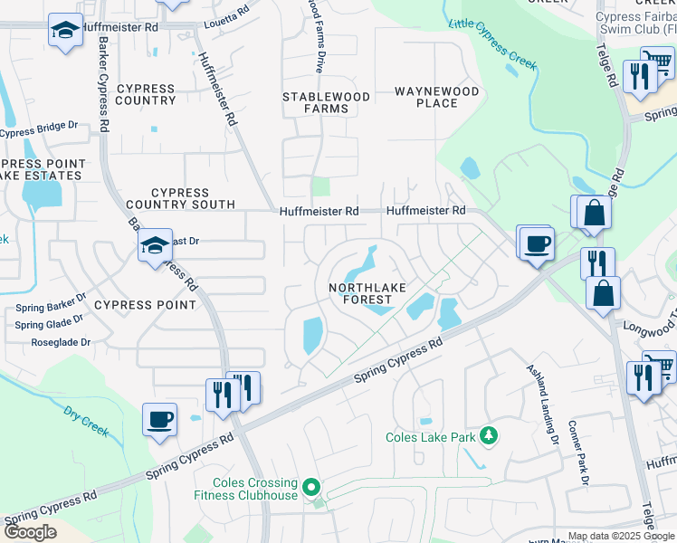 map of restaurants, bars, coffee shops, grocery stores, and more near 16103 Diamond Rock Drive in Cypress