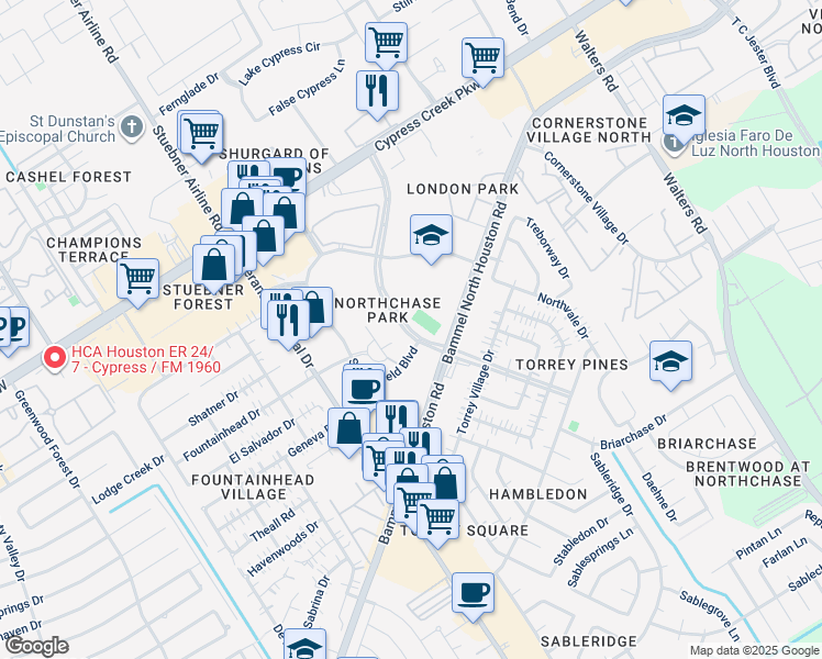 map of restaurants, bars, coffee shops, grocery stores, and more near 14346 Torrey Chase Boulevard in Houston