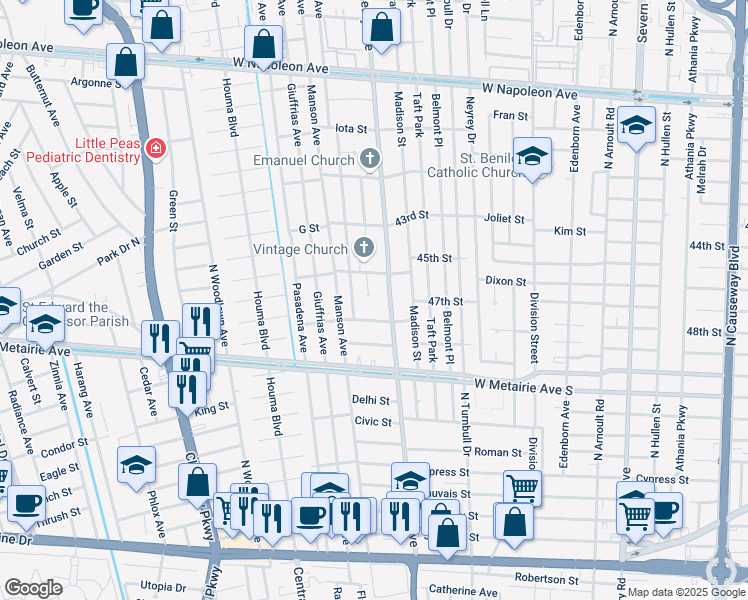 map of restaurants, bars, coffee shops, grocery stores, and more near 1200 Cleary Avenue in Metairie