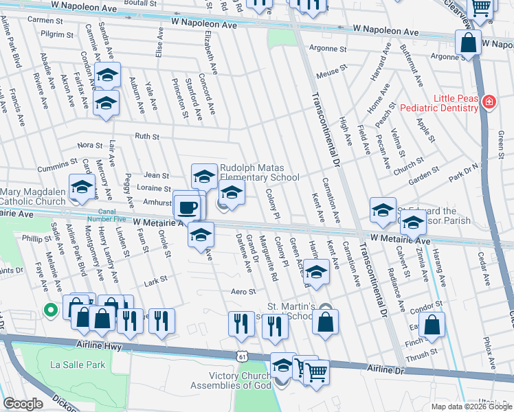 map of restaurants, bars, coffee shops, grocery stores, and more near 1020 Linwood Avenue in Metairie