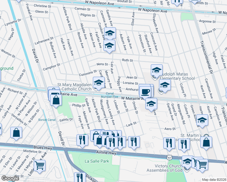 map of restaurants, bars, coffee shops, grocery stores, and more near 6220 Amhurst Street in Metairie