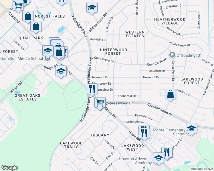 map of restaurants, bars, coffee shops, grocery stores, and more near 12315 Moorcreek Drive in Houston