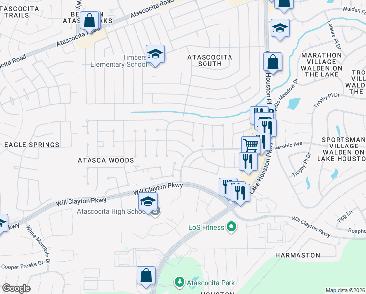 map of restaurants, bars, coffee shops, grocery stores, and more near 7131 Hot Creek Trace in Humble
