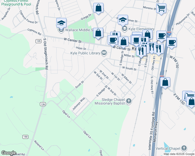 map of restaurants, bars, coffee shops, grocery stores, and more near 801 West 3rd Street in Kyle