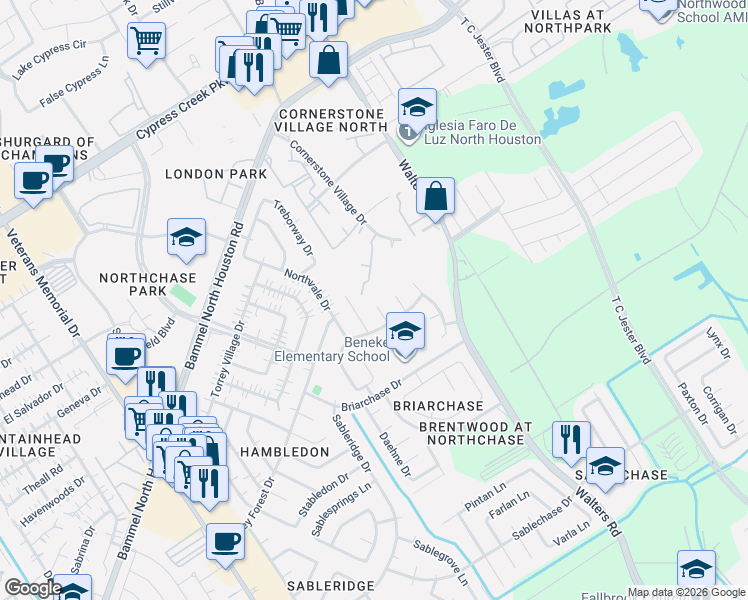map of restaurants, bars, coffee shops, grocery stores, and more near 13922 Elmpark Court in Houston