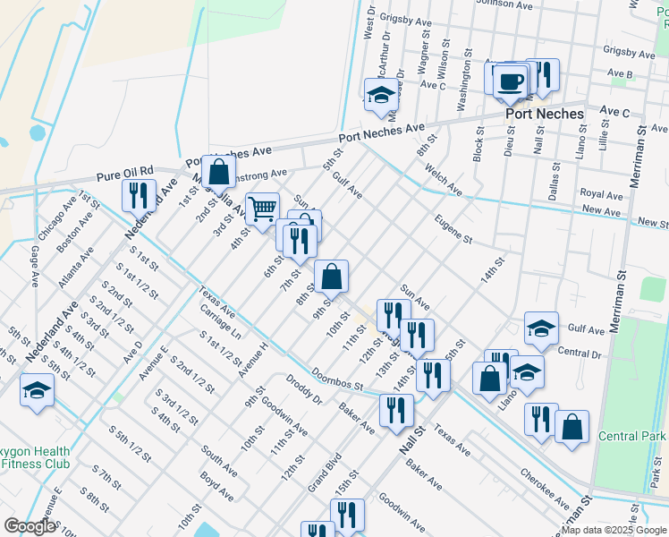 map of restaurants, bars, coffee shops, grocery stores, and more near 2138 8th Street in Port Neches