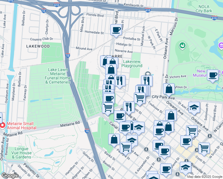 map of restaurants, bars, coffee shops, grocery stores, and more near 5201 Canal Boulevard in New Orleans