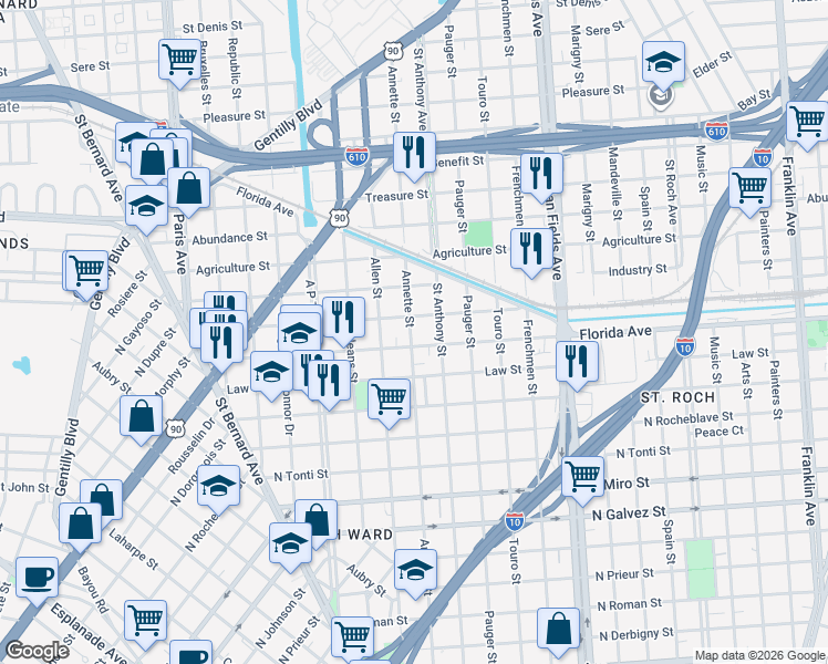 map of restaurants, bars, coffee shops, grocery stores, and more near 1928 Duels Street in New Orleans