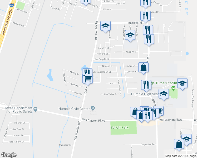 map of restaurants, bars, coffee shops, grocery stores, and more near 1302 Brenda Lane in Humble