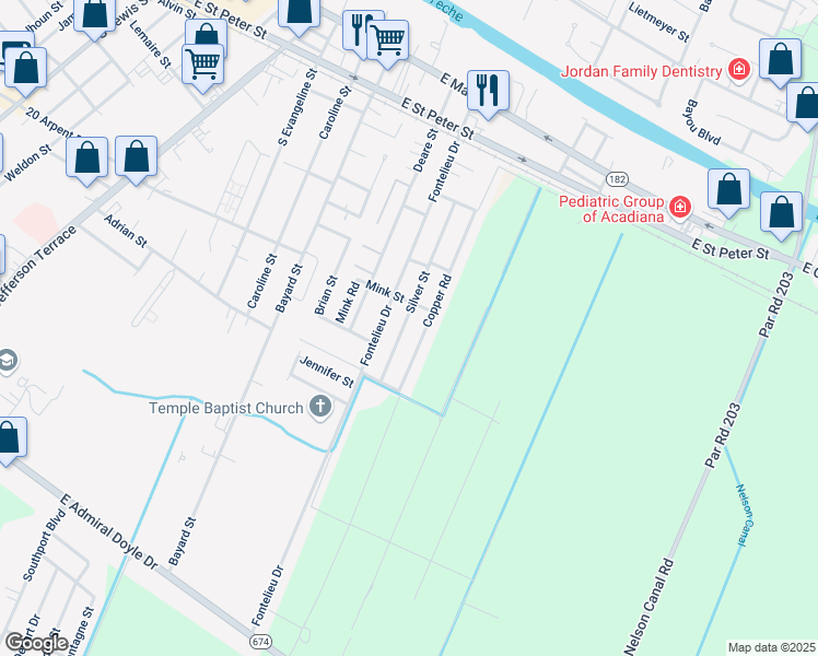 map of restaurants, bars, coffee shops, grocery stores, and more near 507 Silver Street in New Iberia
