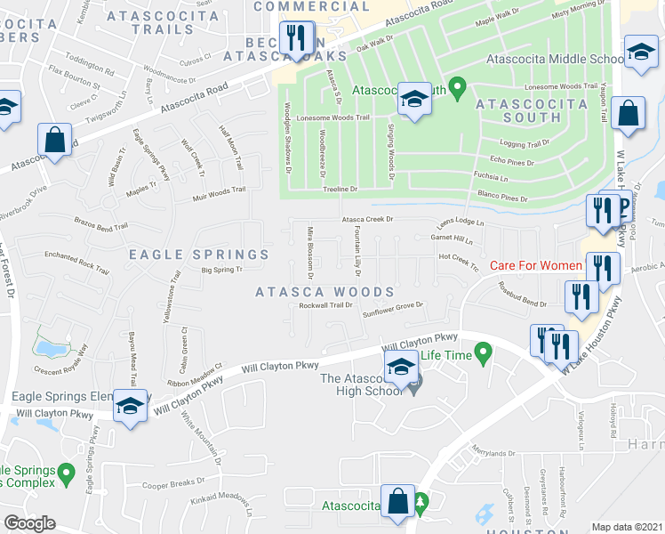 map of restaurants, bars, coffee shops, grocery stores, and more near 7011 Winter Blossom Drive in Humble