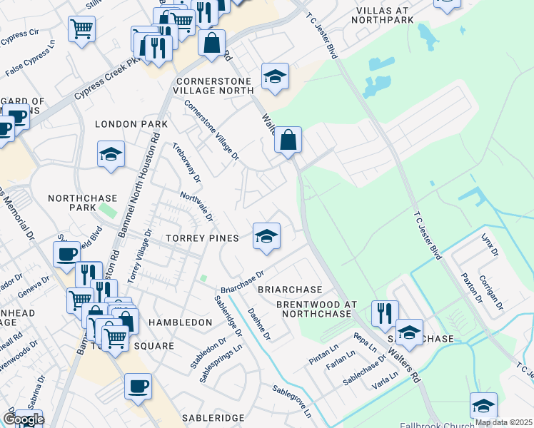 map of restaurants, bars, coffee shops, grocery stores, and more near 13906 Whispertrail Court in Houston