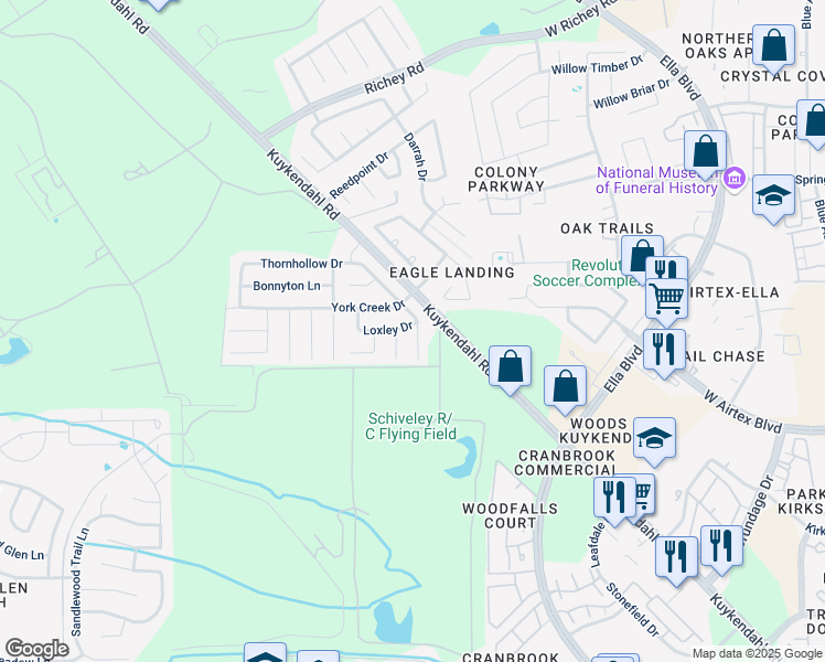 map of restaurants, bars, coffee shops, grocery stores, and more near 13935 Brayford Place Court in Houston
