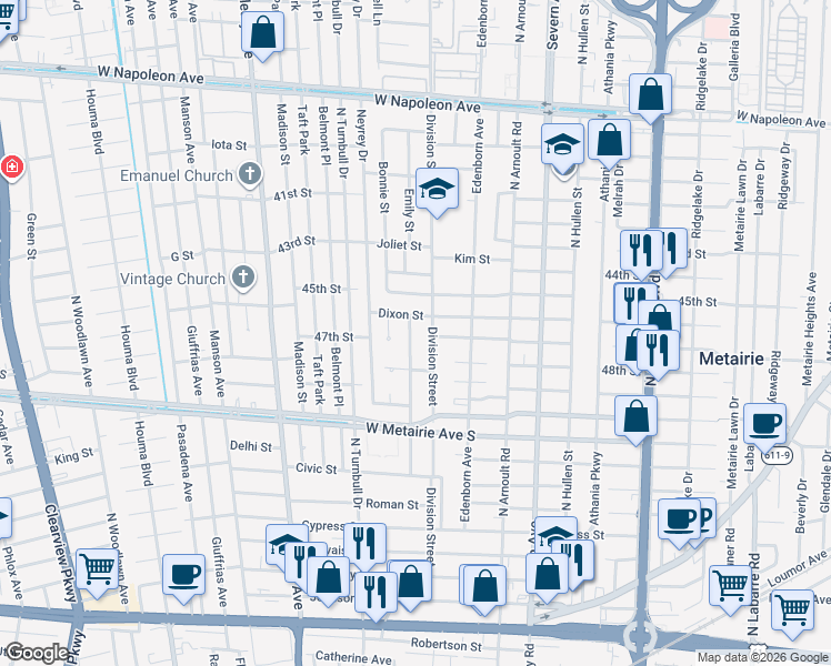 map of restaurants, bars, coffee shops, grocery stores, and more near 1301 Waltham Street in Metairie