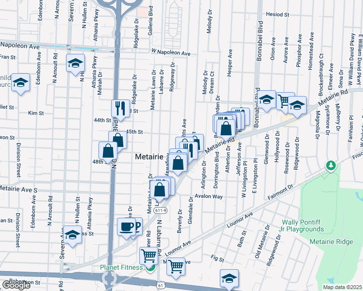map of restaurants, bars, coffee shops, grocery stores, and more near 226 Metairie Heights Avenue in Metairie