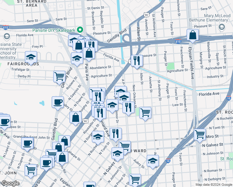 map of restaurants, bars, coffee shops, grocery stores, and more near 1744 Duels Street in New Orleans