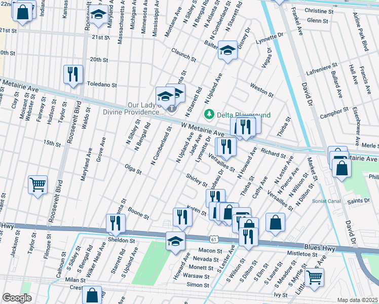 map of restaurants, bars, coffee shops, grocery stores, and more near 708 Jade Avenue in Metairie