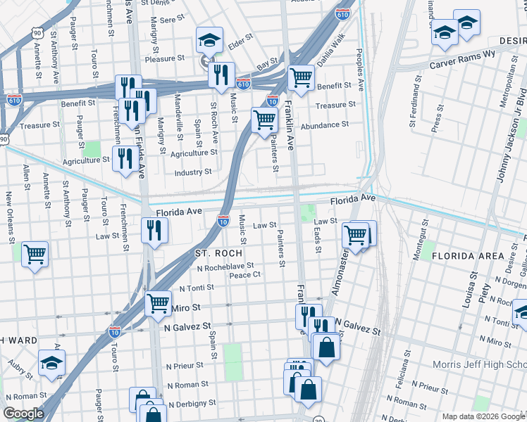 map of restaurants, bars, coffee shops, grocery stores, and more near 2631 Arts Street in New Orleans