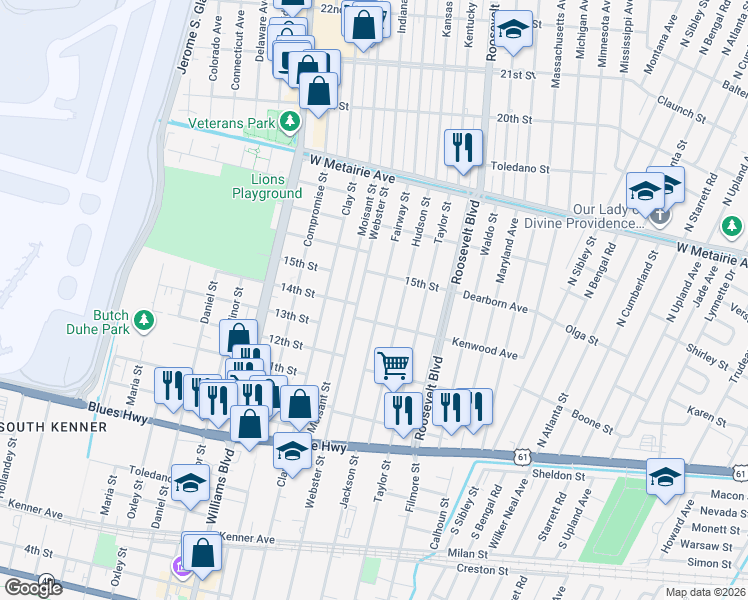 map of restaurants, bars, coffee shops, grocery stores, and more near 1409 Fairway Street in Kenner