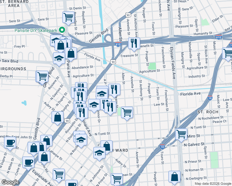 map of restaurants, bars, coffee shops, grocery stores, and more near 2673 New Orleans Street in New Orleans