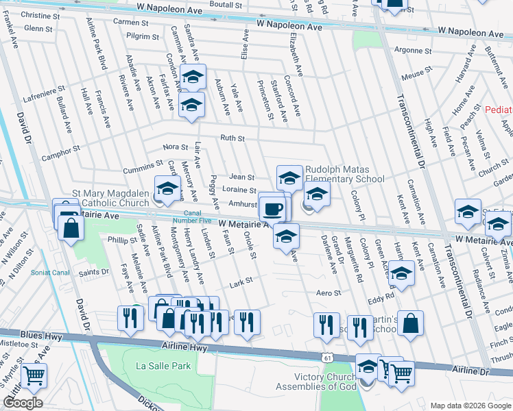 map of restaurants, bars, coffee shops, grocery stores, and more near 6008 Amhurst Street in Metairie