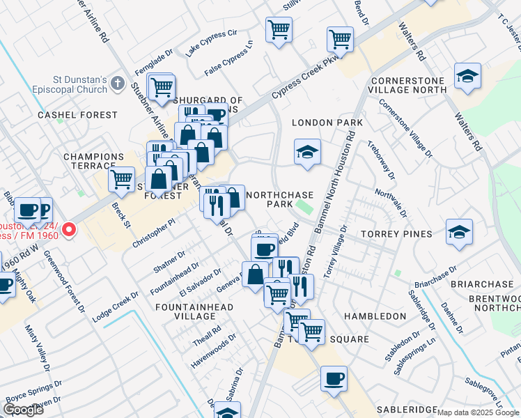 map of restaurants, bars, coffee shops, grocery stores, and more near 14420 Sylvanfield Boulevard in Houston