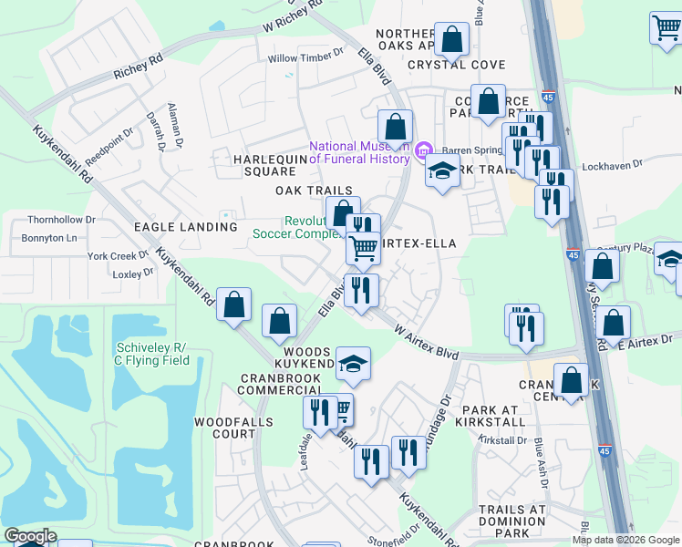 map of restaurants, bars, coffee shops, grocery stores, and more near in Harris County