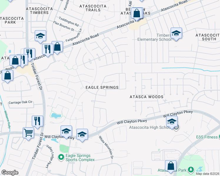 map of restaurants, bars, coffee shops, grocery stores, and more near 18303 Glacier Bay Court in Humble