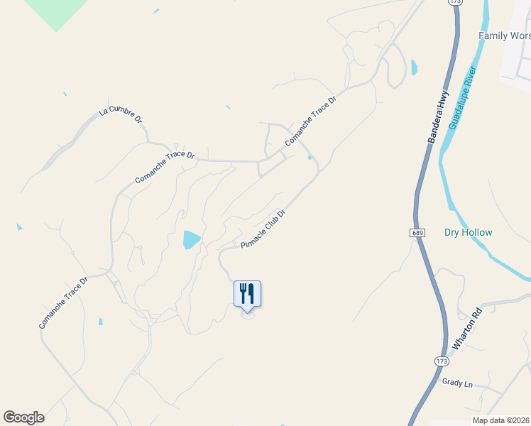 map of restaurants, bars, coffee shops, grocery stores, and more near 6 Pinnacle Club Drive in Kerrville