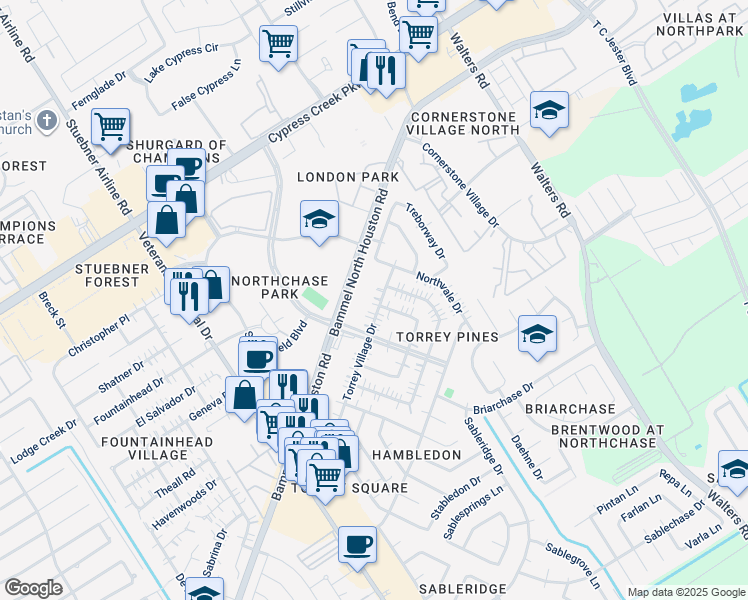 map of restaurants, bars, coffee shops, grocery stores, and more near 14403 Torrey Village Drive in Houston