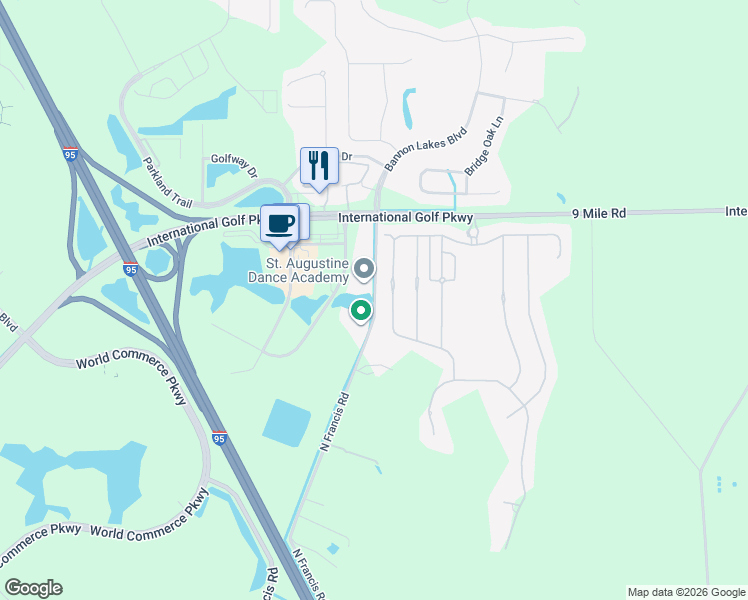 map of restaurants, bars, coffee shops, grocery stores, and more near 312 Commerce Lake Drive in St. Augustine