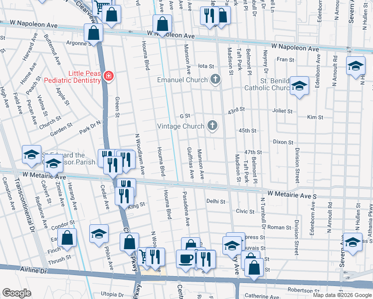 map of restaurants, bars, coffee shops, grocery stores, and more near 1204 Giuffrias Avenue in Metairie