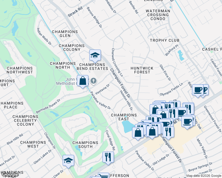 map of restaurants, bars, coffee shops, grocery stores, and more near 13406 Vestavia Court in Houston