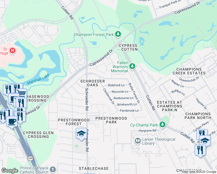 map of restaurants, bars, coffee shops, grocery stores, and more near 7803 Bideford Lane in Houston