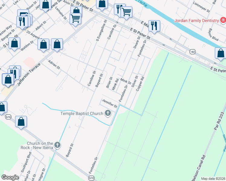map of restaurants, bars, coffee shops, grocery stores, and more near 693-1095 Brian Street in New Iberia