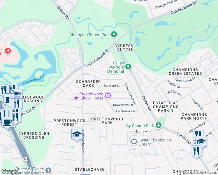 map of restaurants, bars, coffee shops, grocery stores, and more near 7723 Bideford Lane in Houston