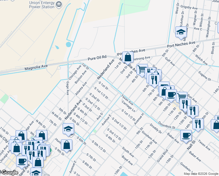 map of restaurants, bars, coffee shops, grocery stores, and more near 307 South 1st Street in Nederland
