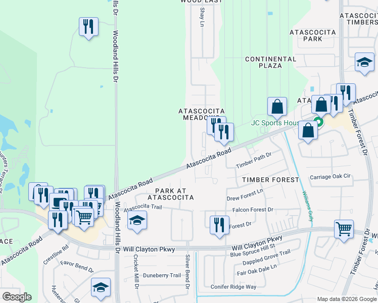 map of restaurants, bars, coffee shops, grocery stores, and more near 18319 Atascocita Meadows Drive in Humble