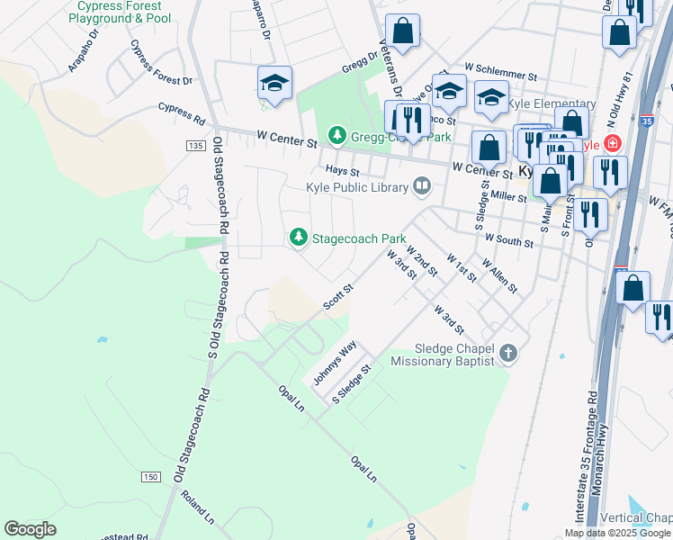 map of restaurants, bars, coffee shops, grocery stores, and more near 111 Conestoga Drive in Kyle