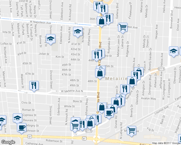 map of restaurants, bars, coffee shops, grocery stores, and more near 3232 46th Street in Metairie