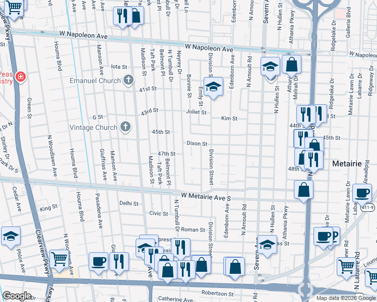 map of restaurants, bars, coffee shops, grocery stores, and more near 1205 Neyrey Drive in Metairie