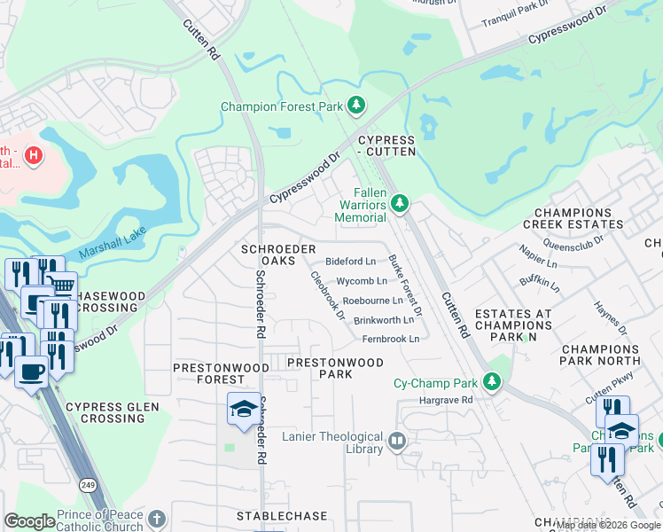 map of restaurants, bars, coffee shops, grocery stores, and more near 7803 Bideford Lane in Houston