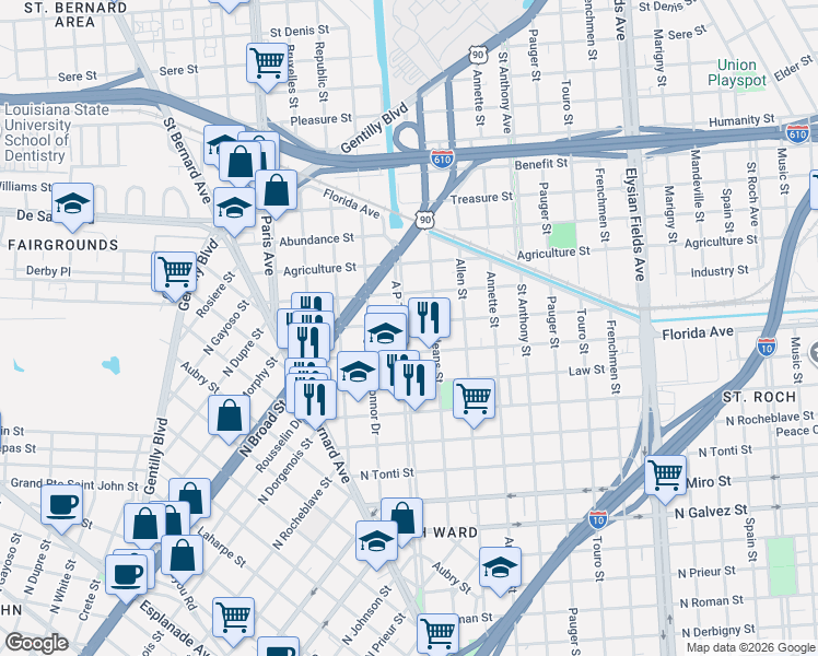 map of restaurants, bars, coffee shops, grocery stores, and more near 1800 Duels Street in New Orleans